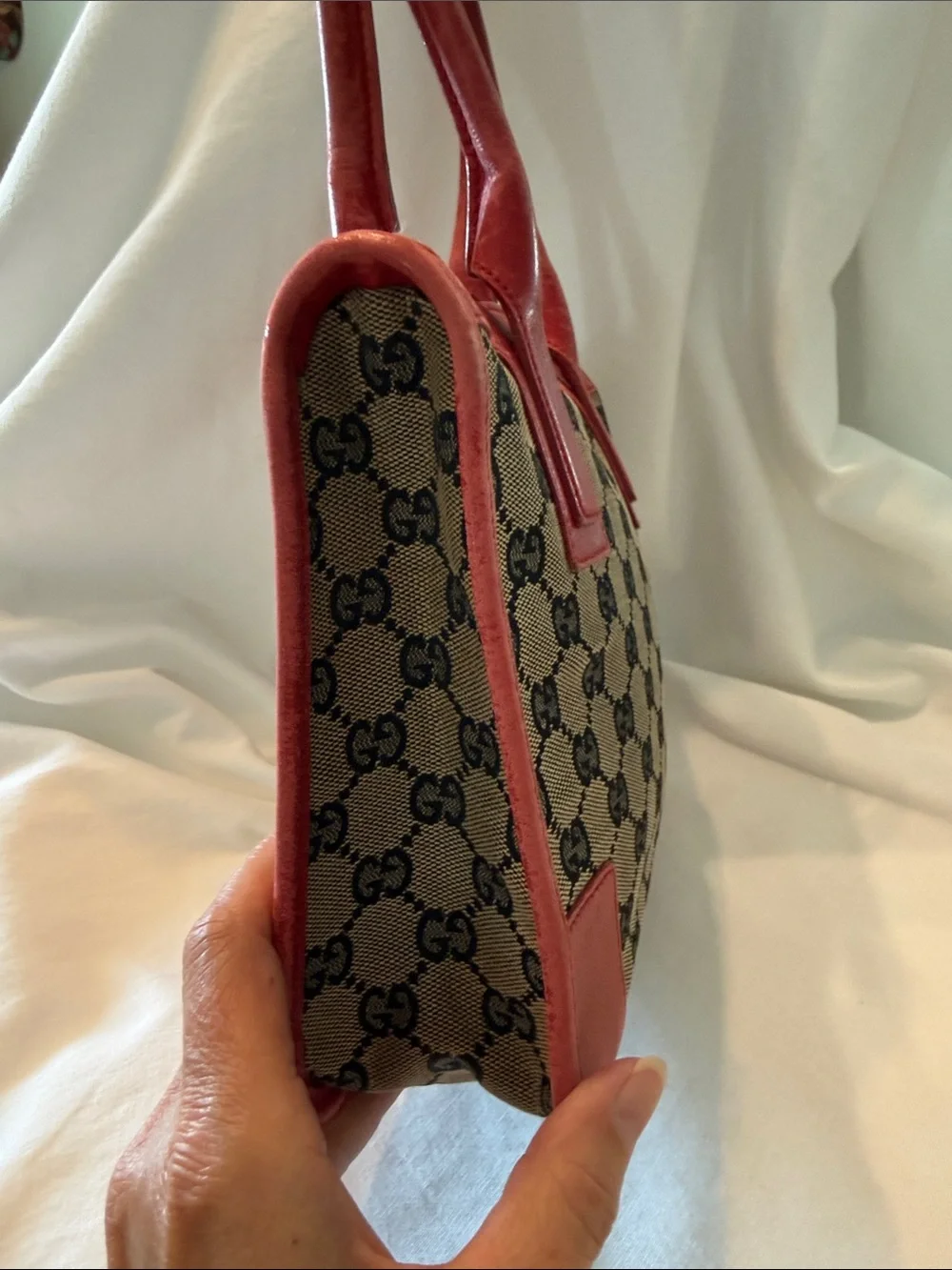 Gucci Beige Monogram Canvas Satchel with Red Trim